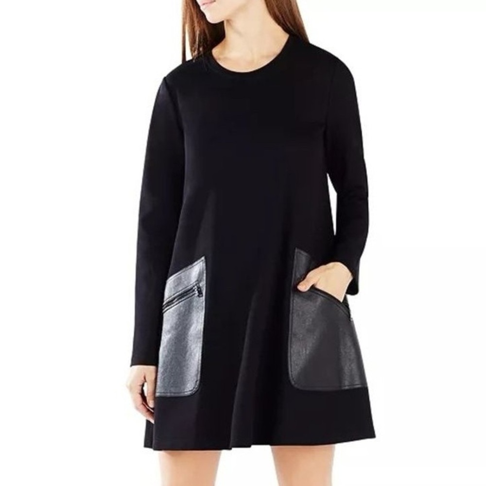 BCBGMaxAzria Farrah Black Faux Leather Pockets Dress Size Small S